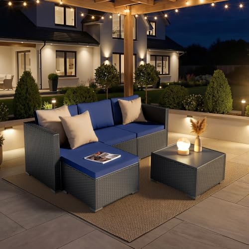 Patio Furniture Set - All-Weather -5 Piece Outdoor Patio Conversation Couch Sets, Modular Wicker Rattan Sectional Sofa for Garden, Patio, Poolside, Backyard, Balcony, Porch,Navy Blue - Image 6