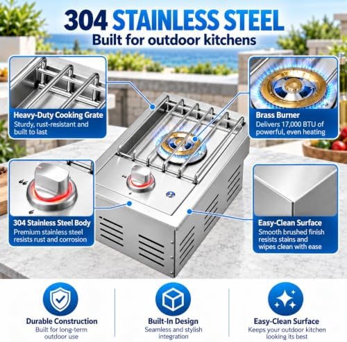 Single Grilling Side Burner with LED for BBQ Grill Island, 17,000 BTU,Liquid Propane Side Burner for Outdoor Kitchen, Convertible to Natural Gas, 304 Stainless Steel - Image 5