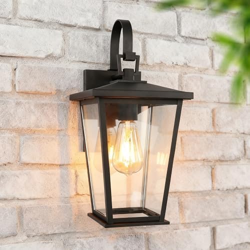 Kalium Outdoor Wall Lights Fixtures Lantern Frame 16 1/8", Outside Lights Black Transitional Durable Metal, Clear Glass for Post Exterior Barn Deck House Porch Yard Patio Garage Garden by Kalium