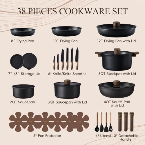 CAROTE 38pcs Pots and Pans Set Non Stick, Cookware Set Detachable Handle - Image 2