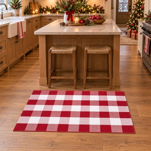 Christmas Red and White Plaid Door Mat, 28 x 43 Inches Cotton Hand-Woven Layered Entry Mat for Front Porch, Entryway, Outdoor Holiday Decor, Washable Buffalo Check Doormat for Home, Patio, Kitchen - Image 5