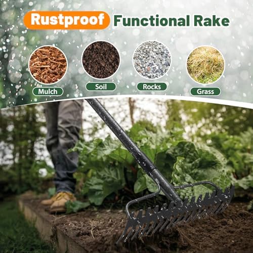 Garden Leaf Rake with 77 Inch Handle, Heavy Duty 17 Inch Wide Metal Garden Lawn Rake for Loosening Soil Raking Leaf Leveling Rocks Spreading Mulch Gravel, Rustproof Metal Bow Rakes Garden Tools - Image 5