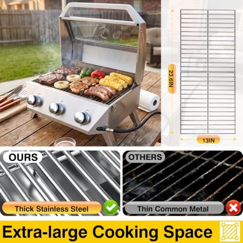 Bestfire 3-Burner Tabletop Propane Gas Grill, 30,000 BTU Portable Propane BBQ Grill with Viewing Glass Lid & Thermometer, Stainless Steel Outdoor Cooking Grill for Camping, RV, Patio and Tailgating - Image 5