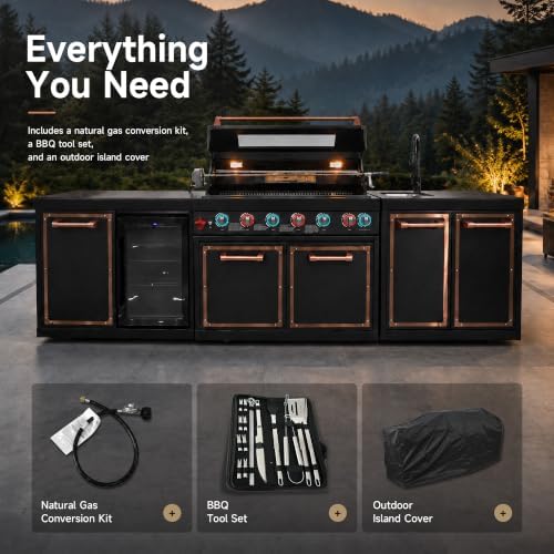 114" Black Titanium Outdoor Kitchen Island, 6-Burner Gas Grill & Sink - Image 2