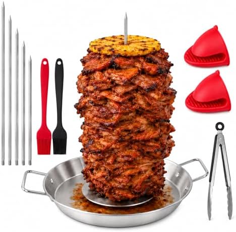 Al Pastor Skewer for Grill, 13 Inch Stainless Steel Vertical Skewer Pan with 5 Spikes, Grease Separator Tray, Tongs, Gloves & Basting Brushes, Shawarma Gyro Kebab Stand for Oven Smoker BBQ by Unknown