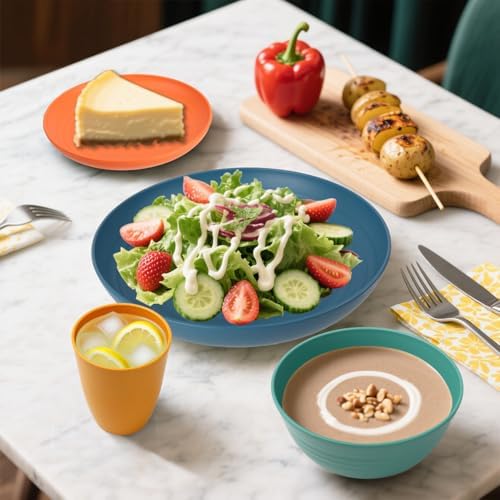 Wheat Straw Dinnerware Sets, Plates and Bowls Sets Unbreakable & Microwave Safe - 32 Piece Service for 8 Dinner Plate Dessert Plate Cereal Bowl Cup for Kitchen & Outdoor - Multi - Image 3