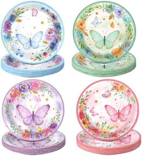 80 Pieces Butterfly Birthday Party Plates, 7 Inch Butterfly Paper Plates Spring Floral Disposable Dinnerware Decoration for Baby Shower Bridal Wedding Party Supplies by Suttmin