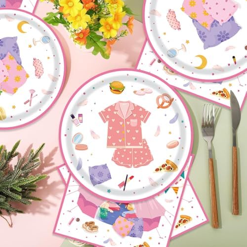 Egami 40pcs Pajama Supplies,include 20 Dessert plate and 20 Napkin,Slumber Spa Party Girls Party Plate Napkin Set,Used for girls pajama Decoration - Image 5