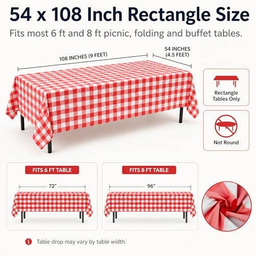 Red Gingham Disposable Picnic Tablecloths 4 Pack, Plastic Table Covers - Image 3