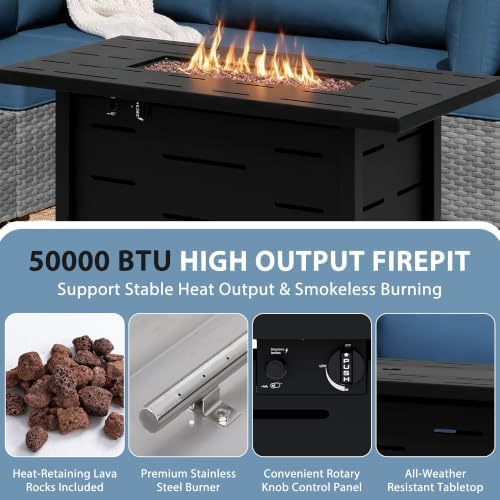 Shintenchi 8 Piece Outdoor Patio Furniture Set with 43 Inch Propane Fire Pit, Washable Cushions, Glass Coffee Table, Waterproof Cover & CSA Certified for Backyard Poolside, Silver PE Rattan/Navy Blue - Image 5