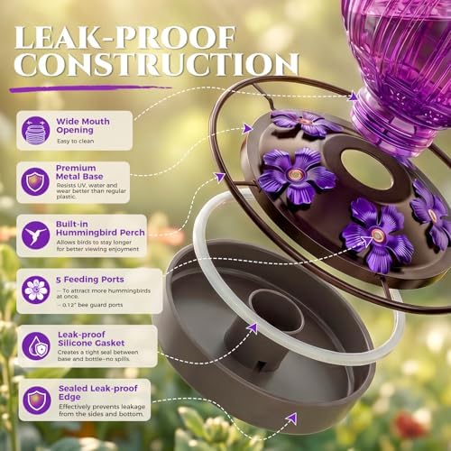 2 Pack Glass Hummingbird Feeder for Outdoors Hanging, Bird Nectar Feeder with Perch & 5 Flower Feeding Ports, 26 Oz Leak Proof for Outside Garden Decor Backyard, Gifts for Women Mom, Red + Purple - Image 5