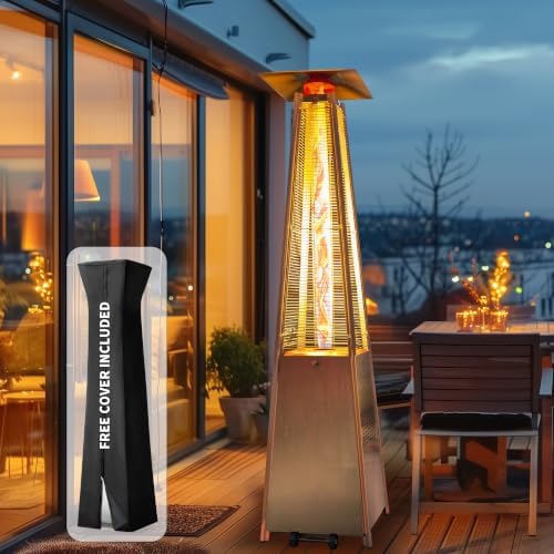 Flame Pyramid Pool Heater, Stainless Steel Triple Safety Protection Patio Heater with Patio Cover, Warm Glass Tube Portable Heater with Durable Wheels-Stainless Steel Color by PATIOPIA