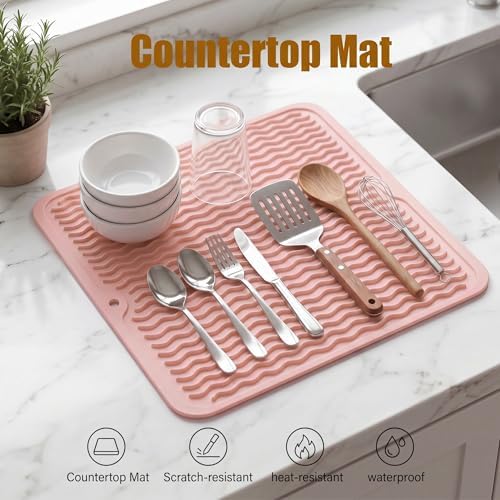 MicoYang Silicone Dish Drying Mat for Multiple Usage,Easy clean,Eco-friendly,Heat-resistant Silicone Mat for Kitchen Counter or Sink,Refrigerator or Drawer liner Pink M 12 inches x 12 inches - Image 3
