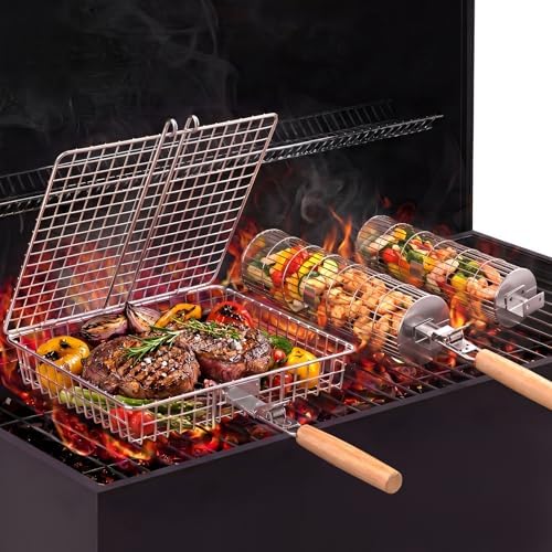 Havawish 3 Pcs BBQ Basket Grill Set 430 Stainless Steel Rectangular Grill Basket with Removable Wooden Handle 2 Rolling Cylinder Baskets for Vegetables Fish Meat Outdoor Grilling Gift for Dad Husband by Havawish
