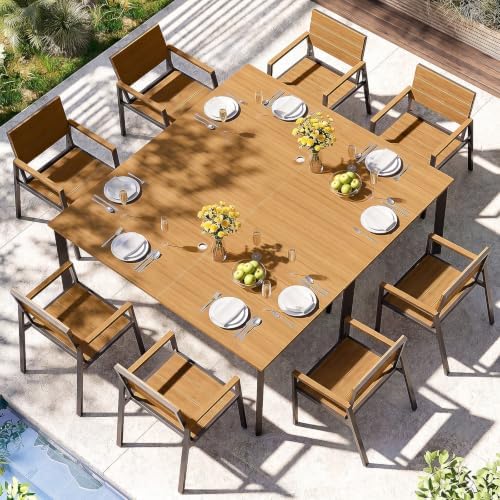 Outdoor Dining Set for 8, Aluminum Patio HDPS Outdooor Table and Chairs Set with Umbrella Hole, All Weather Patio Furniture Set, 10 Peice Patio Dining Table Set (Gray & Teak) by ComfCove