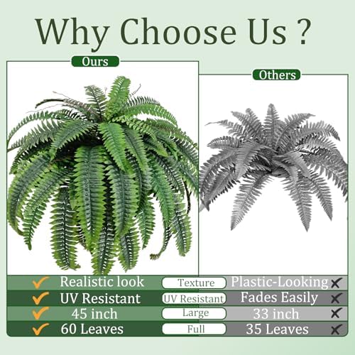2pcs 45in Artificial Boston Fake Ferns Large, UV Resistant Artificial Plants Outdoor, 55 Blades Weatherproof Fake Plants Outdoor Indoor for Garden Porch Patio Home Decor - Image 3