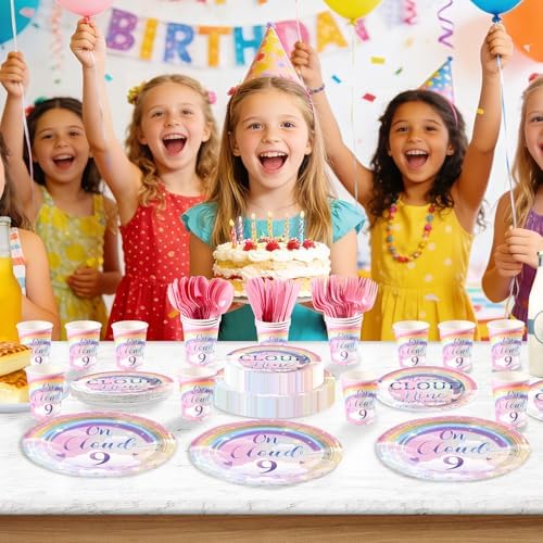 168Pcs on Cloud 9th Birthday Party Supplies Rainbow Clouds Nine Plates and Napkins We are on Cloud Nine Tableware Set for Girls Ninth Birthday Rainbow Themed Party Supplies, Serves 24 - Image 5