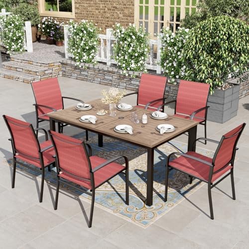 HERA'S HOUSE 7pc Outdoor Patio Dining Set, Wood-Look Metal Table, Red by HERASHOUSE
