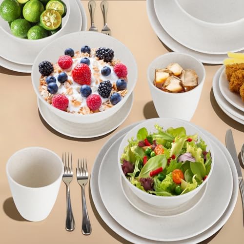 Wrova Wheat straw bowl and plate sets of 40 with cups for kids - Unbreakable plastic dinnerware sets service for 8 - Microwave and Dishwasher safe dish sets for kitchen and camping. White - Image 5