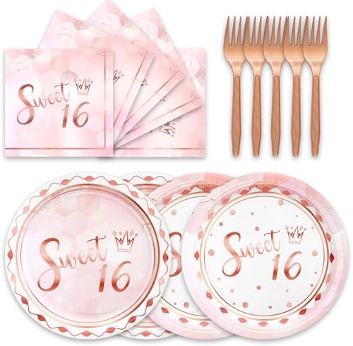 48Pcs Sweet 16 Party Decorations 16th Tableware Set Supplies Pink Disposable Birthday Plates Napkins Forks Serves 16 Sweet Sixteen Party Decorations For Girls by Unknown