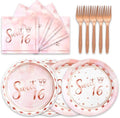 48Pcs Sweet 16 Party Decorations 16th Tableware Set Supplies Pink Disposable Birthday Plates Napkins Forks Serves 16 Sweet Sixteen Party Decorations For Girls by Unknown