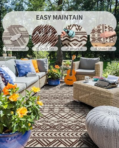 MontVoo Outdoor Rug 8x10 Waterproof Outdoor Patio Rug Mat Reverisble Plastic Straw Outdoor Rug for RV Camping Picnic Beach Balcony Boho Beige Brown - Image 2