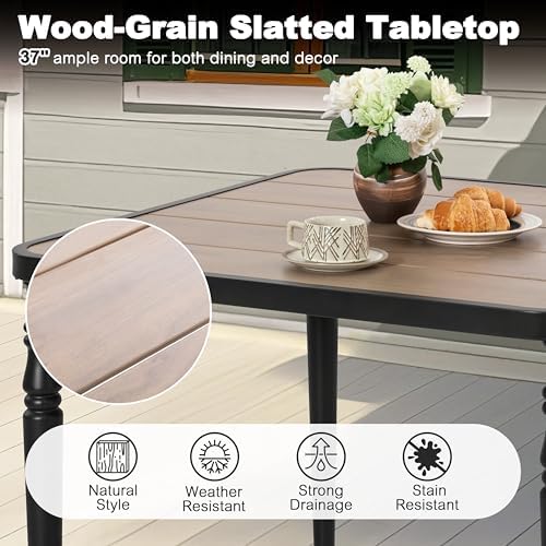 NUU GARDEN 37" Square Outdoor Dining Table, Metal Dining Table with Umbrella Hole, Wood-Grain Tabletop, Weather-Resistant for Garden, Backyard, Deck, Lawn - Image 4