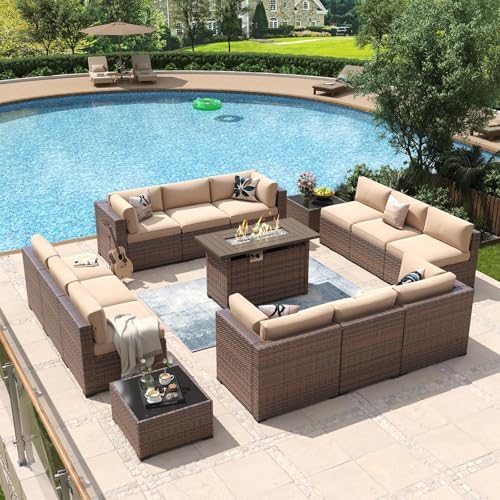 Aoxun 15 Piece Patio Furniture Set with 44" Fire Pit Table Wicker Rattan by Aoxun
