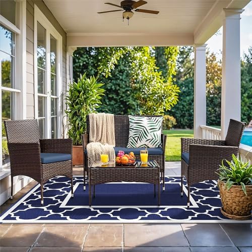 GENIMO Outdoor Rug, Waterproof Plastic Rugs for Patio, 6'x9' Blue White - Image 2
