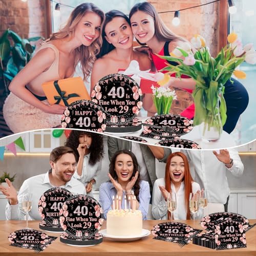 96PCS 40th Birthday Paper Plates and Napkins for 40 Is Fine When You Look 29 Themed Party Supplies Black Rose Gold Dinnerware Set for Women Cheers to Forty Birthday Gatherings Decorations - Image 6