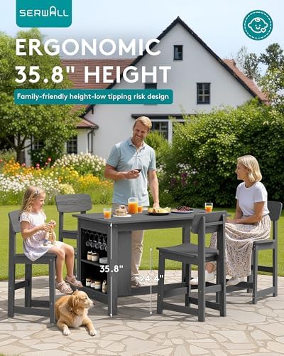 SERWALL 8-Piece Outdoor HDPE Counter-Height Bar Dining Set for 6, Gray - Image 4