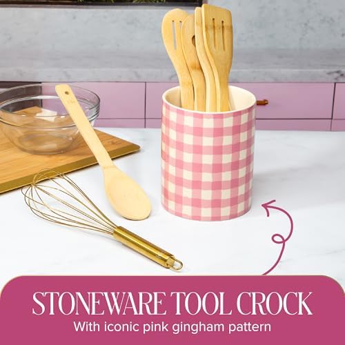 Paris Hilton Kitchen Utensils Tool Crock Set, Bamboo Cooking Tools with Gold-Finish Stainless Steel Whisk and Ceramic Stoneware Utensil Holder, Gingham Design, 7-Piece, Pink - Image 5