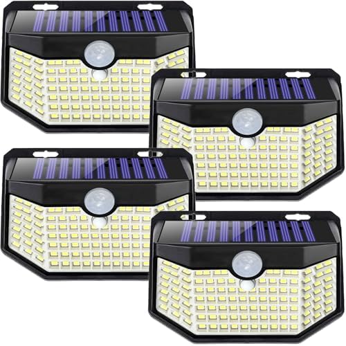 HMCITY Solar Lights Outdoor 120 LED 3 Lighting Modes,Motion Sensor Wall Lights, IP65 Waterproof Solar Powered Wall Lights for Garden Deck Lights (Front Button 4Packs, Black Shell-Daylight White) by LightingUpYourLife