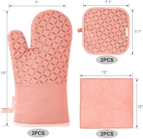 KEGOUU Oven Mitts and Pot Holders 6pcs Set, Kitchen Oven Glove High Heat Resistant 500 Degree Extra Long Oven Mitts and Potholder with Non-Slip Silicone Surface for Cooking (Pink) - Image 2