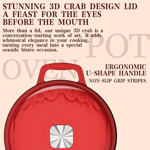 DUTZUN Enameled Cast Iron Dutch Oven - 5 Quart, Crab Lid (Patented), Oversized Knob, for Bread Baking Braiser, Cooking Stock Pot - Red - Image 2