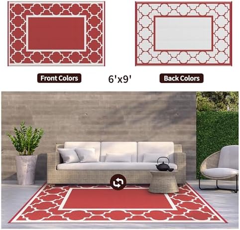 GENIMO Outdoor Rug, Waterproof Plastic Rugs for Patio, 6'x9' Red White - Image 6