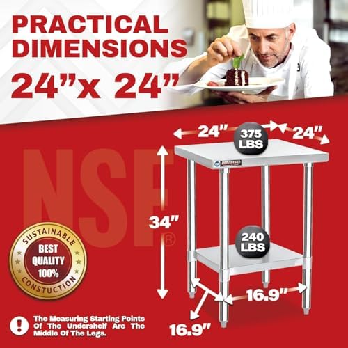 DuraSteel 24x24 Stainless Steel Work Table - NSF Commercial Prep Metal Table - Outdoor Pizza Oven Stand w/Under Shelf - Kitchen Island Laundry Utility Garage Microwave Stand Large Rolling Storage Cart - Image 2