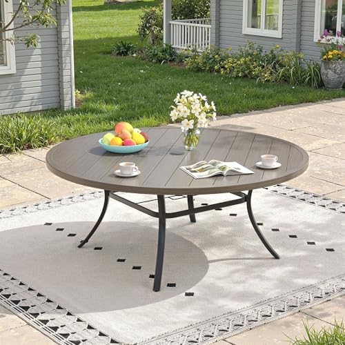 Outdoor Dining Table for 8, 63" Round Outdoor Table with Adjustable Umbrella Hole, All-Weather Metal Patio Dining Table for Lawn Garden Backyard Deck, Grey by ProvideOutdoorSolutions