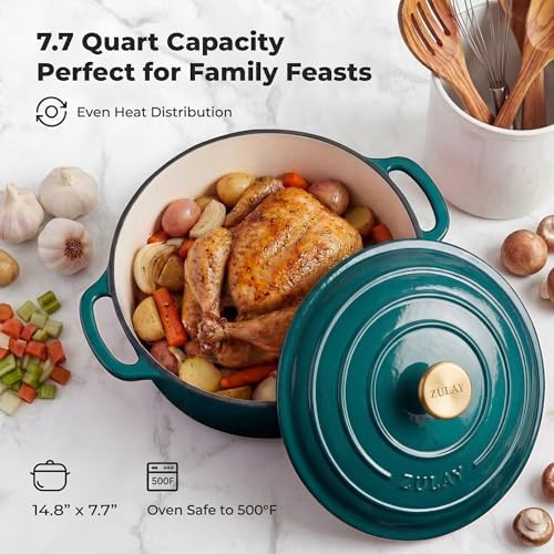 Zulay Kitchen 7.7 Quart Enameled Cast Iron Dutch Oven Pot with Lid – Premium Durability & Oven Safe up to 500°F – Heavy Duty Cookware Perfect for Bread Baking, Stews, Braising & Roasting – Emerald - Image 6