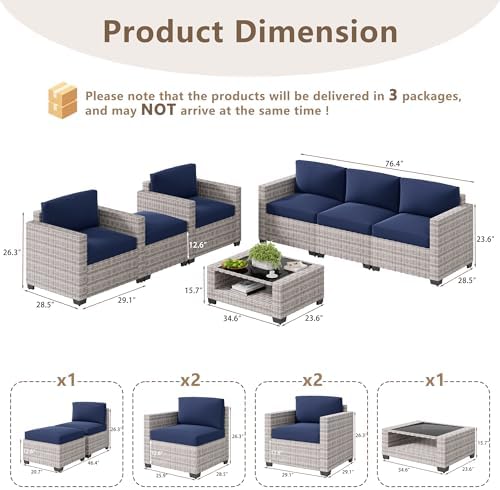 LOUVIXA 7 Piece Outdoor Patio Furniture Set, Rattan Chairs Glass Table Wicker Conversation Seating Sectional Sofa with Cushions (Grey White-Navy, 7Pcs-2 Layer Coffee Table) - Image 2