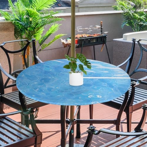 Fitted Round Tablecloth with Umbrella Hole and Zipper Ocean Outdoor Elastic Polyester Table Cloth 45"-56" Oil-Proof Waterproof Blue Water Patio Table Cover for Picnic Party - Image 2