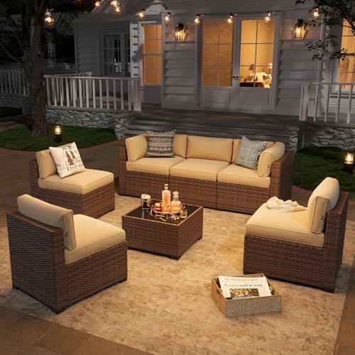 Aoxun Patio Furniture Sets, 7-Piece Outdoor Patio Furniture with Thick Cushions, Wicker Outdoor Conversation Set Sectional Sofa for Backyard, Poolside, Garden(Cream-Browm, 7 x 25.6 - Seats) - Image 3
