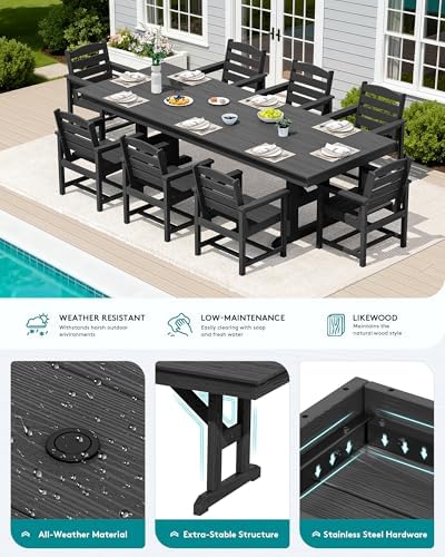 SERWALL 9Pcs 84" HDPE Outdoor Dining Set for 8 with Armchairs,Black - Image 4