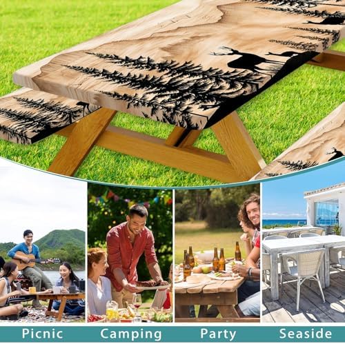 Picnic Table Cover with Bench Covers Camping Essentials Rustic Hunting Deer Forest Waterproof Windproof Camping Tablecloth Fitted Tablecloth Cover with Elastic Edge for Indoor Outdoor 3 PCS 30x72 Inch - Image 4
