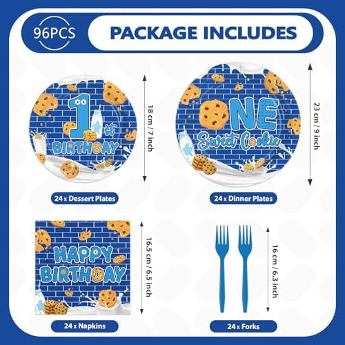 96 Pcs Milk and Cookies 1st Birthday Party Supplies for Boys Serves 24 - Image 5