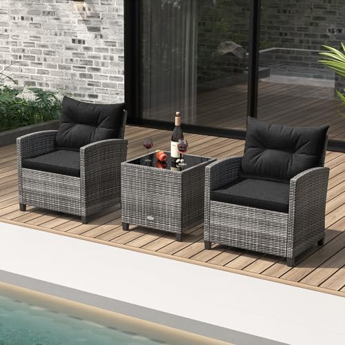 KOTEK 3 Piece Patio Furniture Set, Outdoor PE Rattan Conversation Set with Washable Cushions & Tempered Glass Tabletop, Wicker Chairs and Table Set for Porch, Garden, Balcony (Black) - Image 2