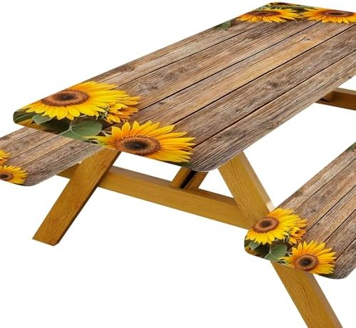 Sunflower Picnic Table Cover with Bench Covers, Waterproof Windproof, Camping Essentials, Fitted Tablecloth Cover with Elastic Edge, for Indoor & Outdoor, Garden, Camping, 3 Pieces Set, 30x72 Inch - Image 2