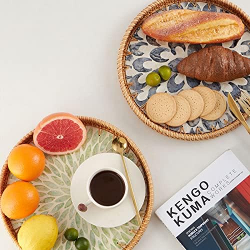 Round Rattan Tray with Mother of Pearl Inlay, Rattan Serving Tray with Wooden Base, Decorative Wicker Basket for Table Decor, Storage and Display of Coffee Bread Food Fruit (Leaf) - Image 2