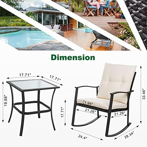 Shintenchi Outdoor 3-Piece Rocking Bistro Set,Wicker Patio Furniture Porch Chairs Conversation Sets with Glass Coffee (Beige Cushion) - Image 4