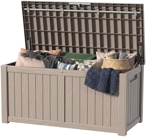 150 Gallon Outdoor Deck Box, Lockable Waterproof Outdoor Storage Boxes For Garden Tools,Indoor Cushions,Accessories Outside Storage Resin Weatherproof Container(Grey) by MAIUSCOLI